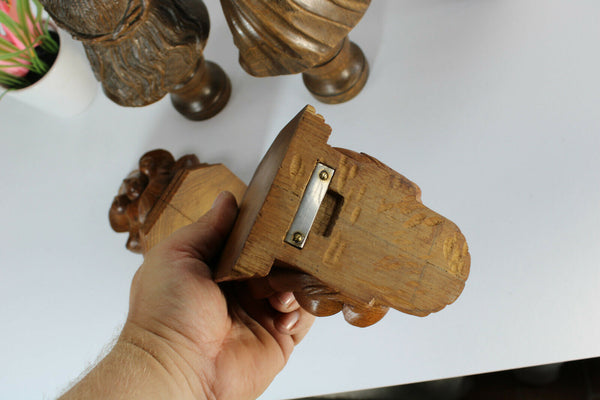 Antique Religious 19thc Bust figurine christ mary wood carved with console rare