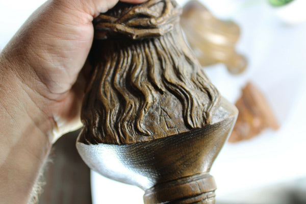 Antique Religious 19thc Bust figurine christ mary wood carved with console rare