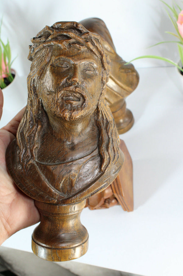 Antique Religious 19thc Bust figurine christ mary wood carved with console rare