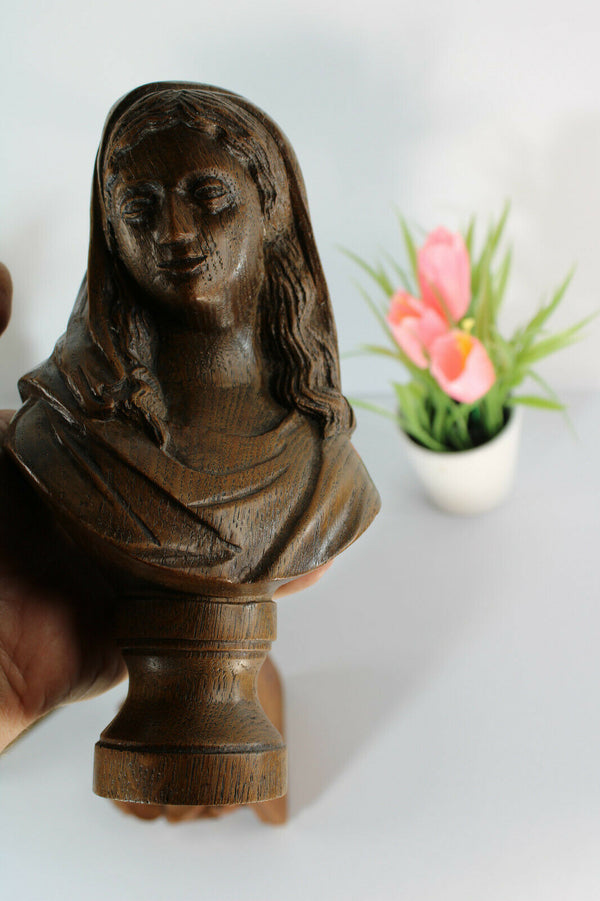 Antique Religious 19thc Bust figurine christ mary wood carved with console rare