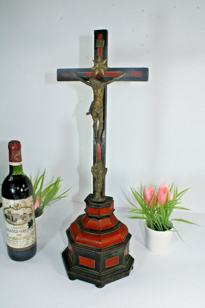 Antique 19thc inlaid wood Crucifix Christ religious french