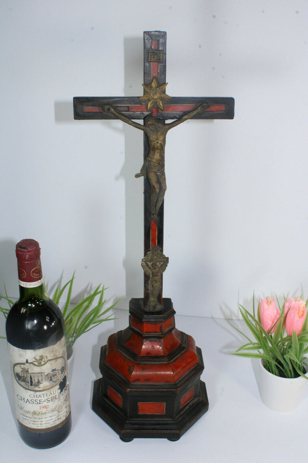 Antique 19thc inlaid wood Crucifix Christ religious french