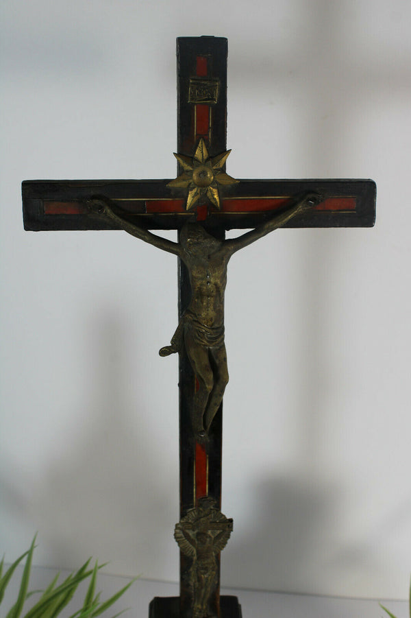Antique 19thc inlaid wood Crucifix Christ religious french