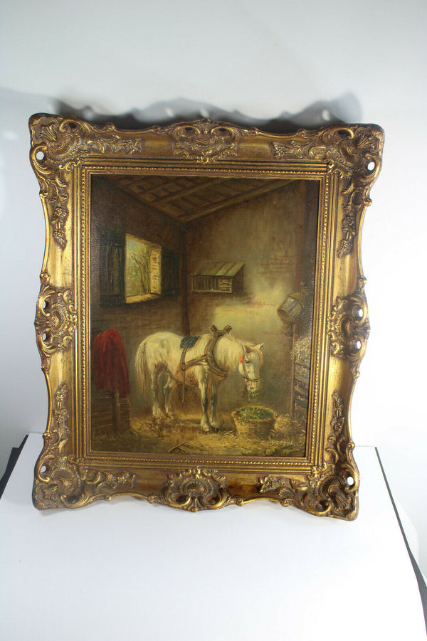 Gorgeous horse stable oil canvas painting signed attr to  W verschuur