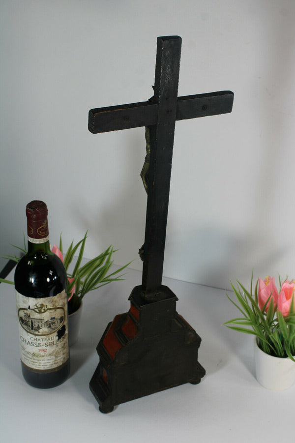 Antique 19thc inlaid wood Crucifix Christ religious french