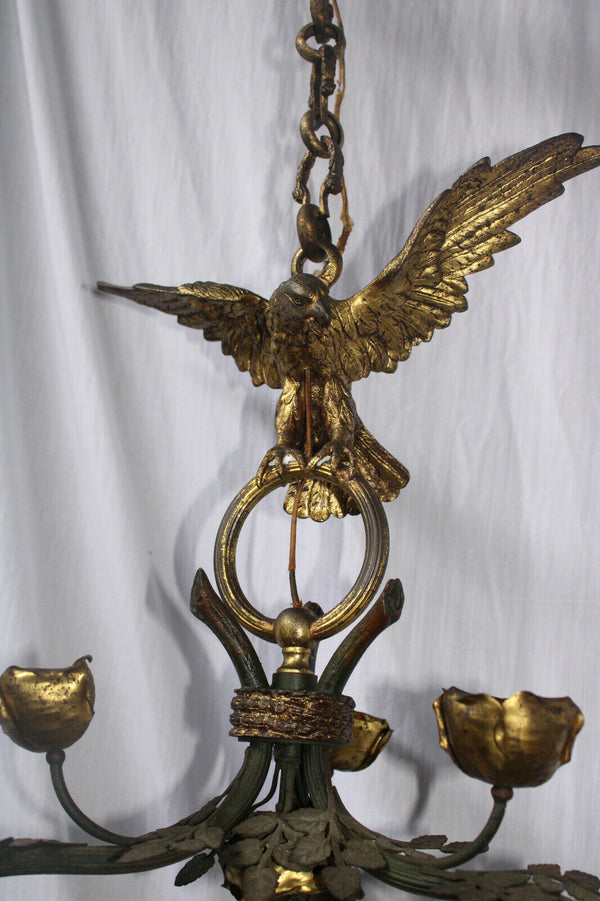 Rare antique French brass metal EAgle bird 3 arm chandelier