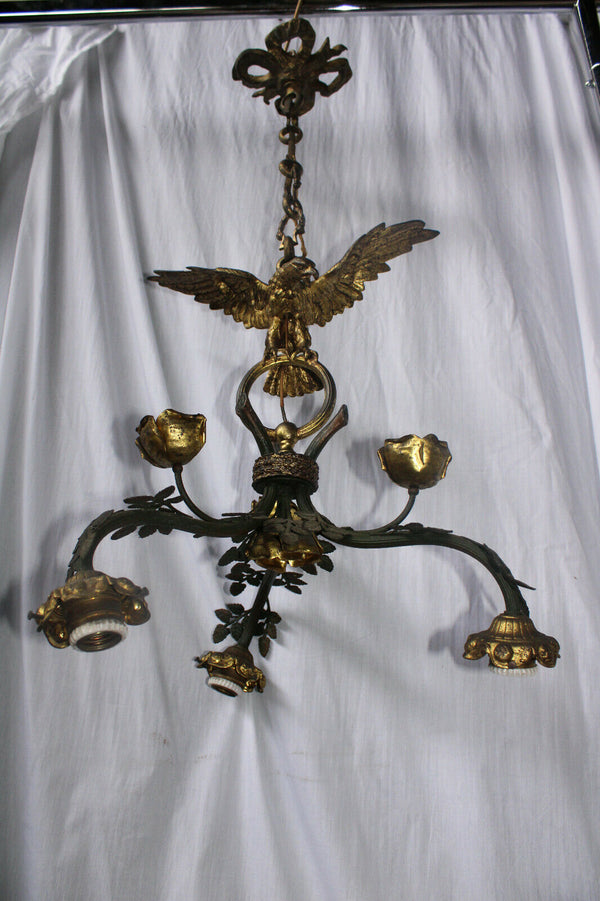 Rare antique French brass metal EAgle bird 3 arm chandelier