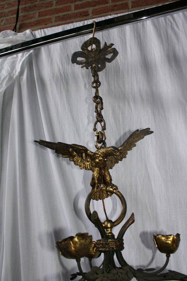 Rare antique French brass metal EAgle bird 3 arm chandelier