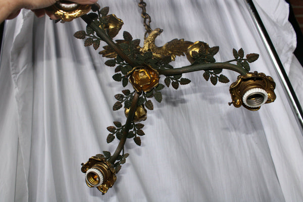 Rare antique French brass metal EAgle bird 3 arm chandelier