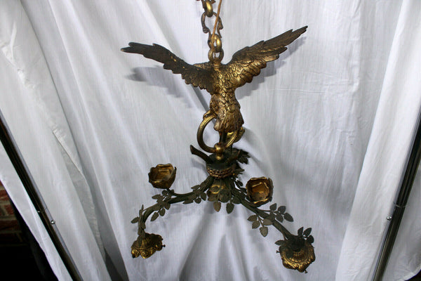 Rare antique French brass metal EAgle bird 3 arm chandelier