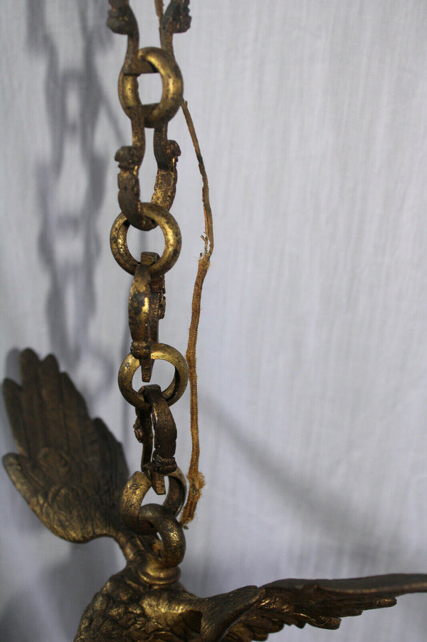 Rare antique French brass metal EAgle bird 3 arm chandelier