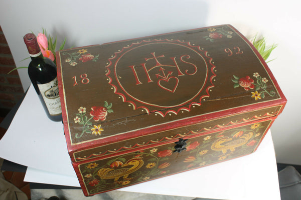 Rare Antique Artisan religious Wood carved hand paint box dated 1892