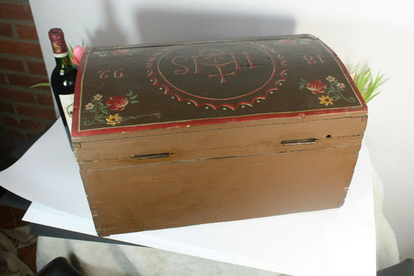 Rare Antique Artisan religious Wood carved hand paint box dated 1892