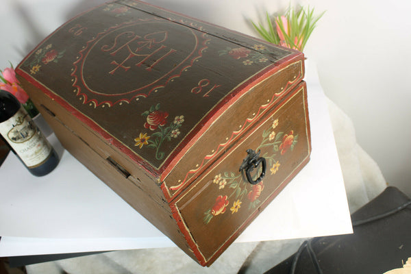 Rare Antique Artisan religious Wood carved hand paint box dated 1892