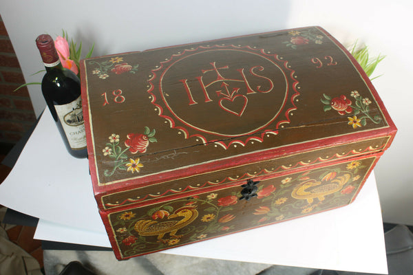 Rare Antique Artisan religious Wood carved hand paint box dated 1892
