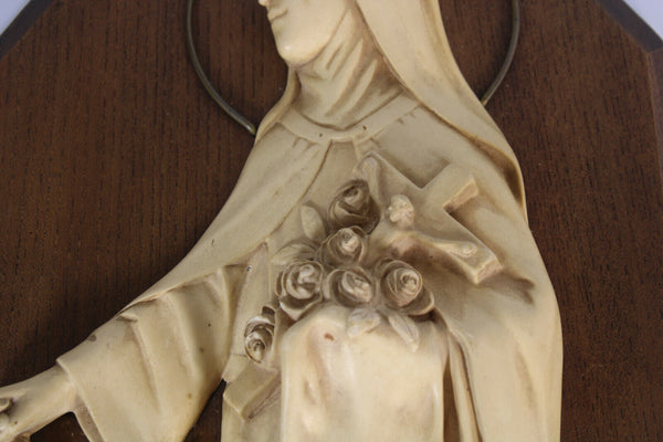 Antique French religious wall plaque chalkware figurine saint theresia angels