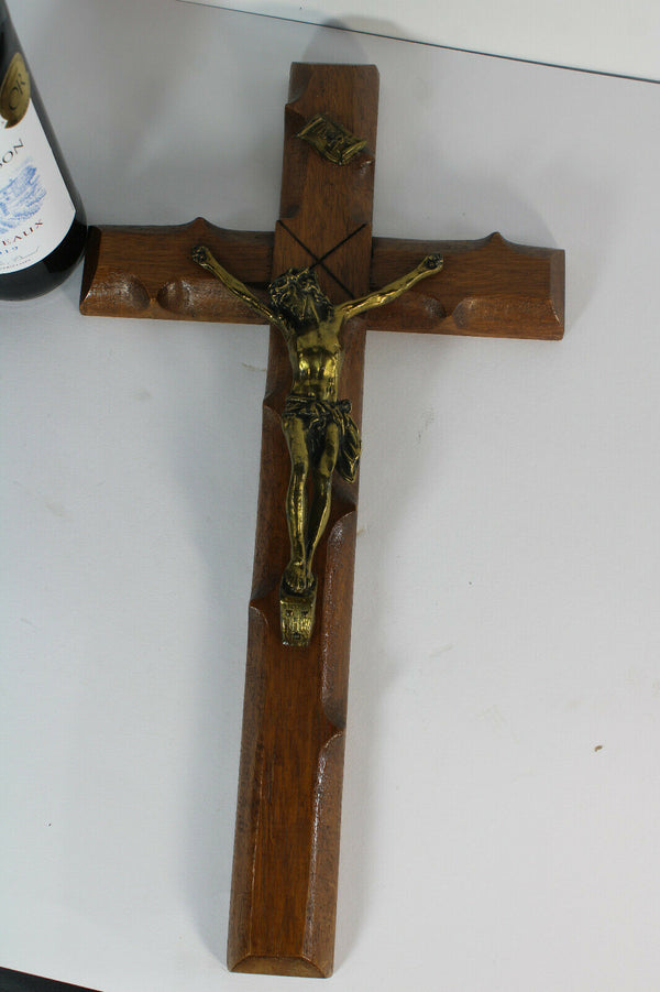 Antique french wood carved metal crucifix