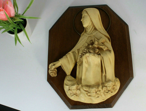 Antique French religious wall plaque chalkware figurine saint theresia angels