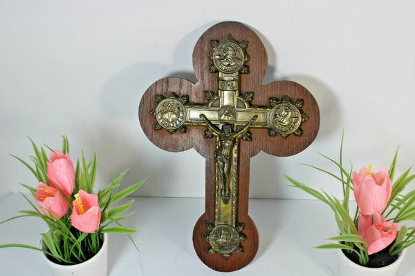 Antique French Bronze Crucifix wood plaque 4 evangelists religious rare