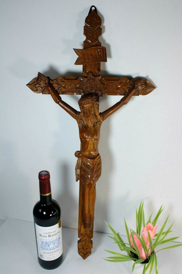 Antique French wood carved crucifix cross religious