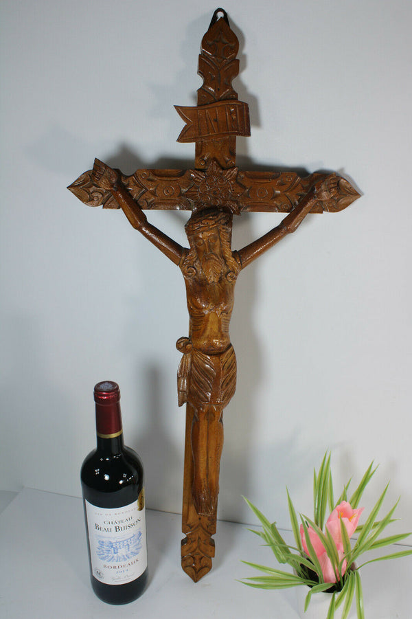 Antique French wood carved crucifix cross religious
