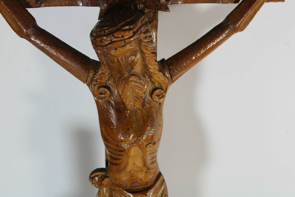 Antique French wood carved crucifix cross religious