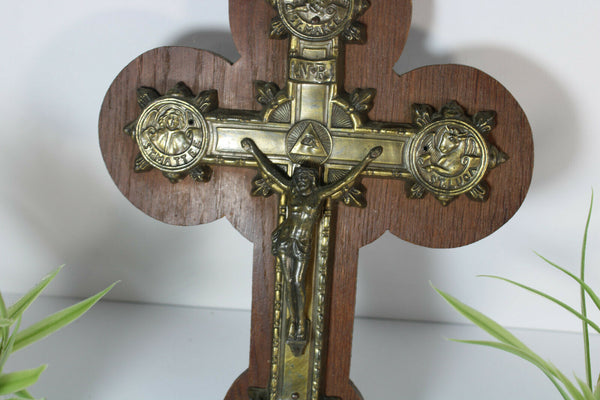 Antique French Bronze Crucifix wood plaque 4 evangelists religious rare