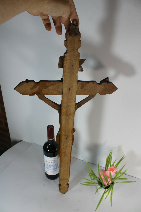 Antique French wood carved crucifix cross religious