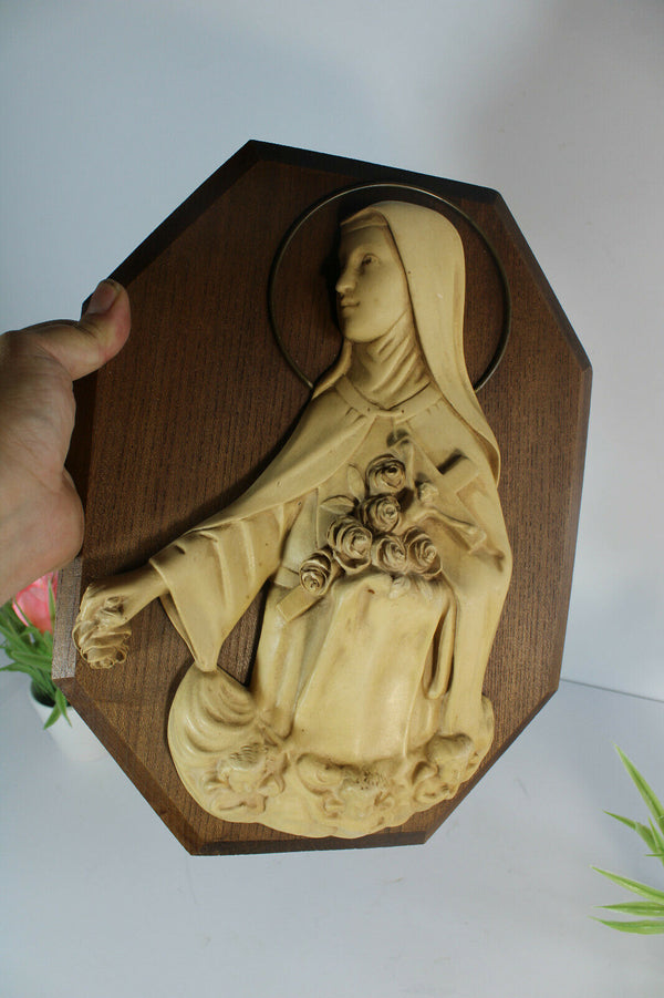 Antique French religious wall plaque chalkware figurine saint theresia angels