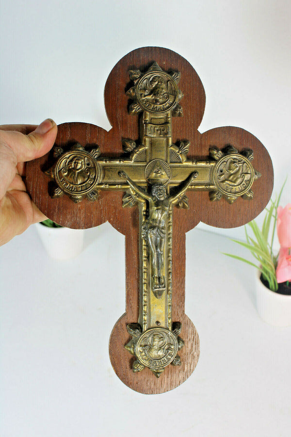 Antique French Bronze Crucifix wood plaque 4 evangelists religious rare