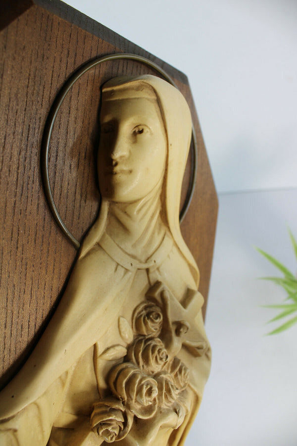 Antique French religious wall plaque chalkware figurine saint theresia angels