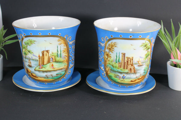 PAIR antique french vieux paris planter vase jardiniere on plate