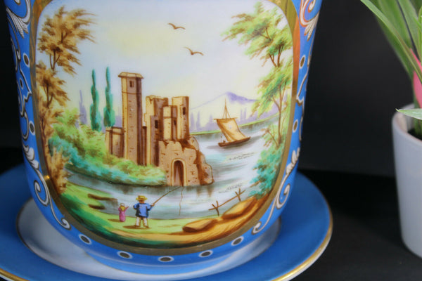 PAIR antique french vieux paris planter vase jardiniere on plate