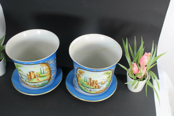 PAIR antique french vieux paris planter vase jardiniere on plate