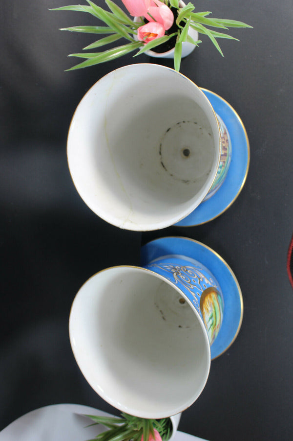 PAIR antique french vieux paris planter vase jardiniere on plate