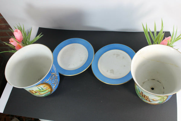 PAIR antique french vieux paris planter vase jardiniere on plate