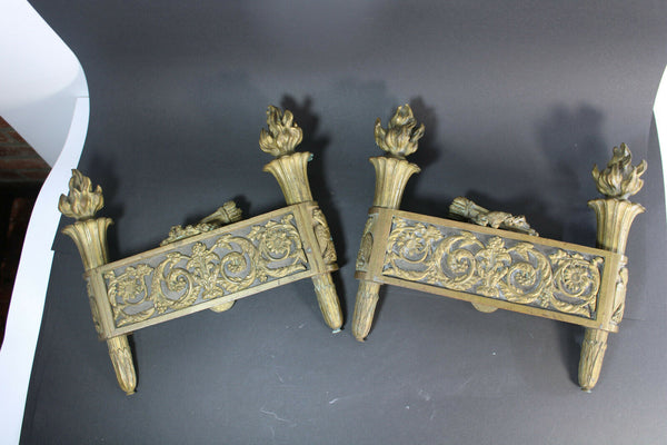 Antique french pair Bronze fireplace andirons louis XVI Decor