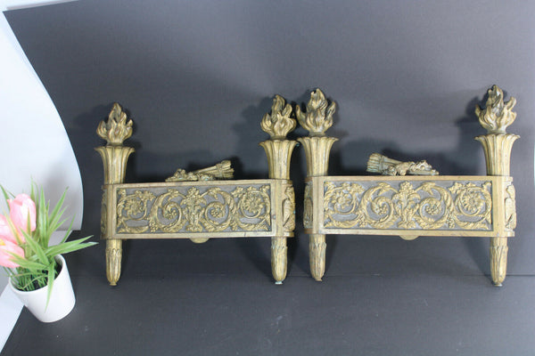 Antique french pair Bronze fireplace andirons louis XVI Decor