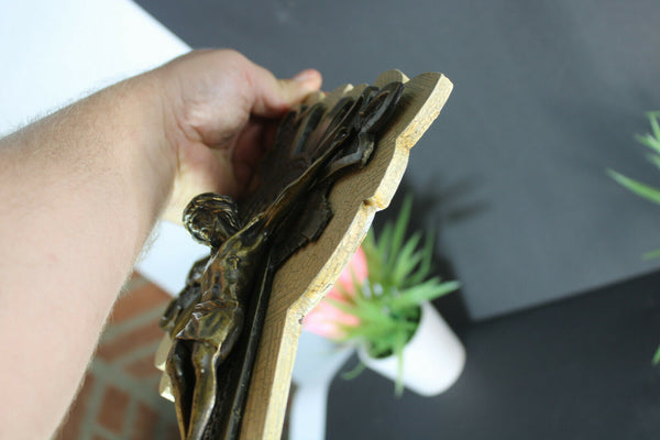 Antique French spelter bronze crucifix on wood religious