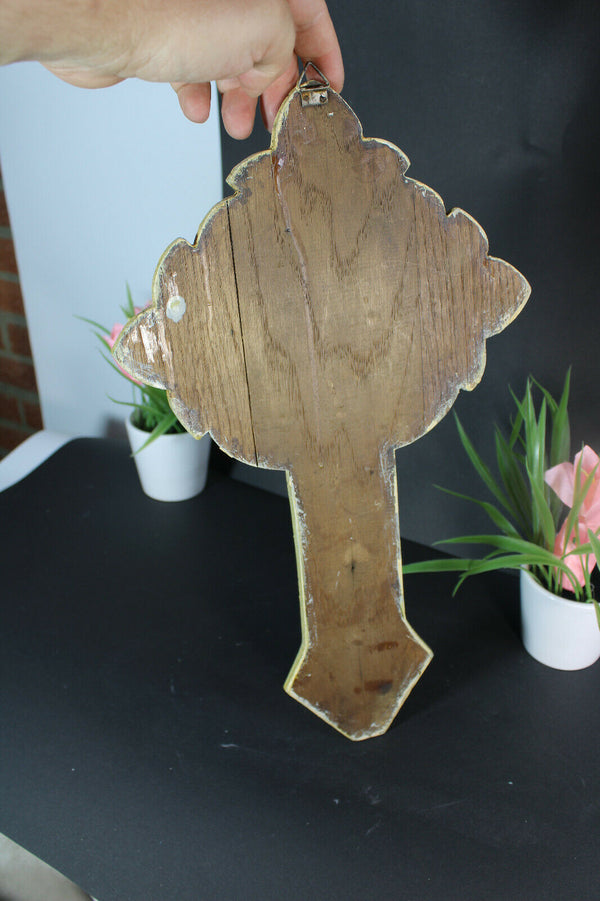 Antique French spelter bronze crucifix on wood religious