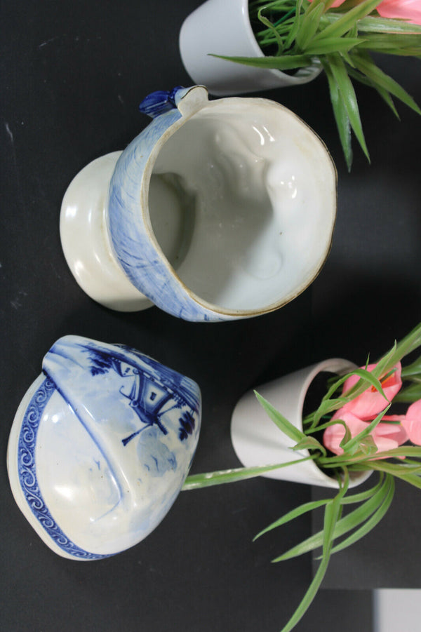 RAre antique delft pottery marked lidded box Boy mill landscape scene