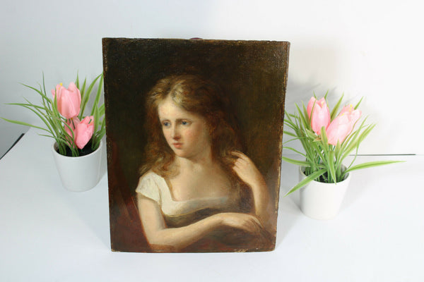 gorgeous Antique oil Cardboard painting portrait girl after fernand khnopff