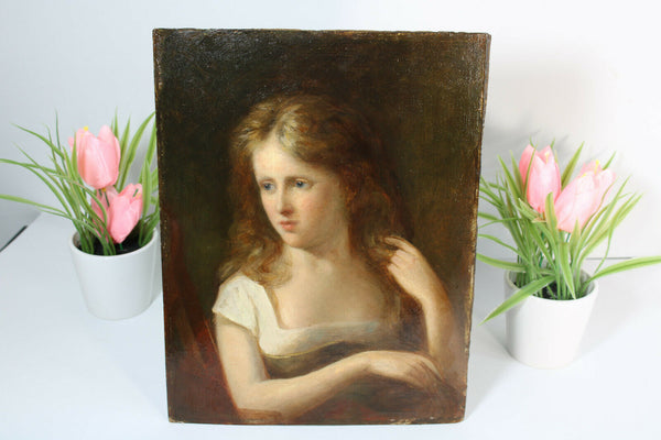 gorgeous Antique oil Cardboard painting portrait girl after fernand khnopff