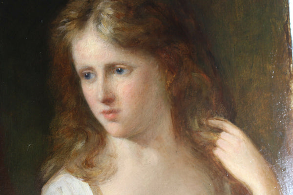 gorgeous Antique oil Cardboard painting portrait girl after fernand khnopff