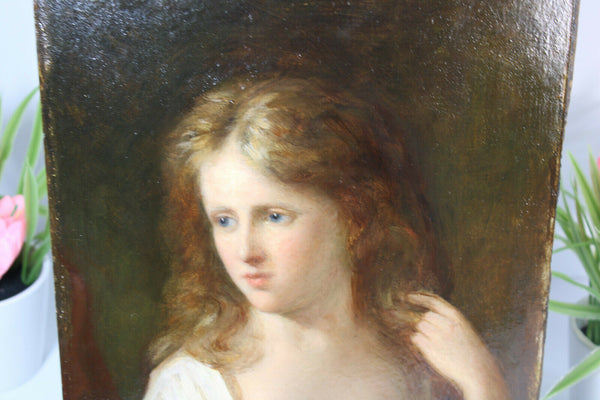 gorgeous Antique oil Cardboard painting portrait girl after fernand khnopff