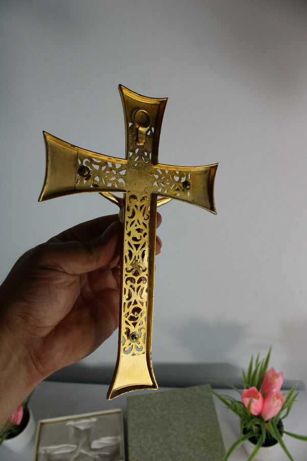 Vintage french brass crucifix cross in box religious
