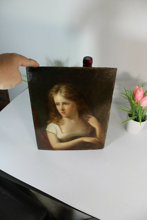 gorgeous Antique oil Cardboard painting portrait girl after fernand khnopff