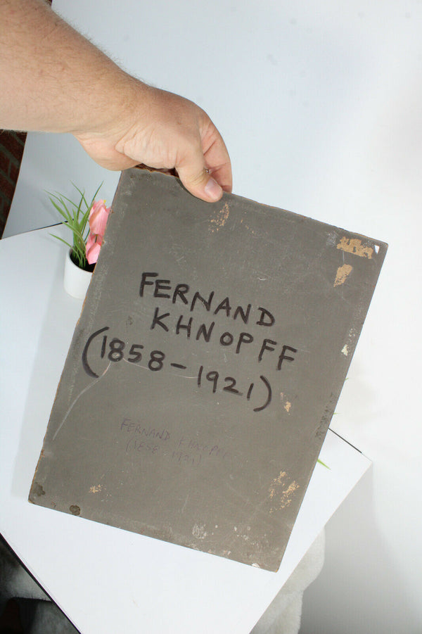 gorgeous Antique oil Cardboard painting portrait girl after fernand khnopff