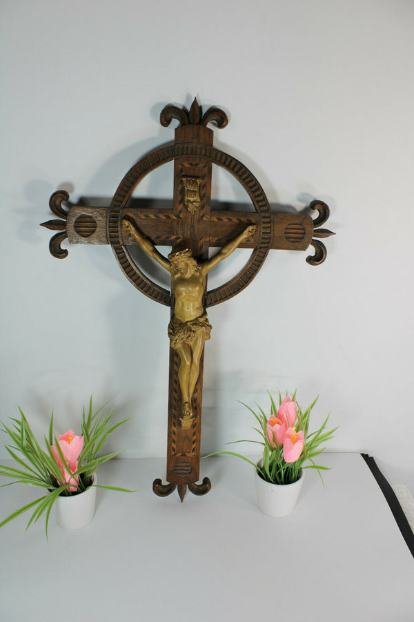 Antique French wood carved crucifix chalkare christ fleur de lys inlay