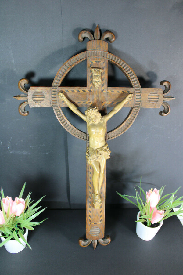 Antique French wood carved crucifix chalkare christ fleur de lys inlay